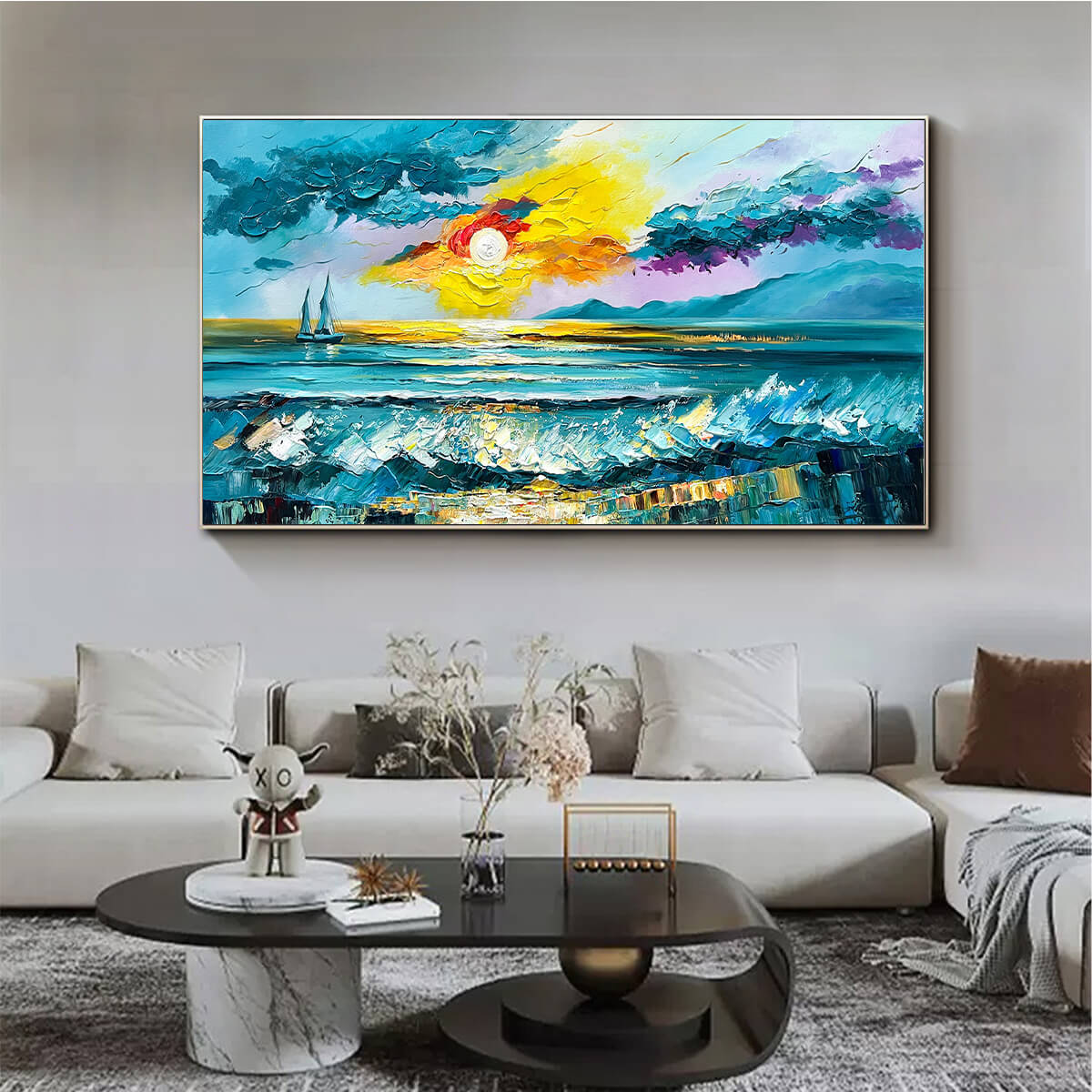 GOLDEN HORIZON: Vibrant Sunset Seascape Oil Painting