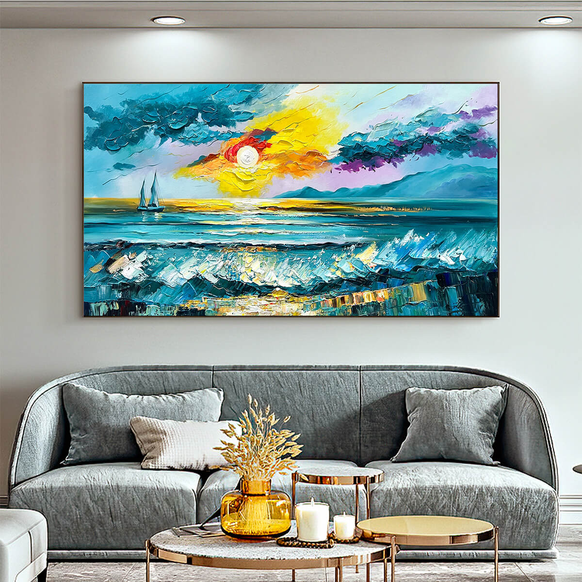 GOLDEN HORIZON: Vibrant Sunset Seascape Oil Painting