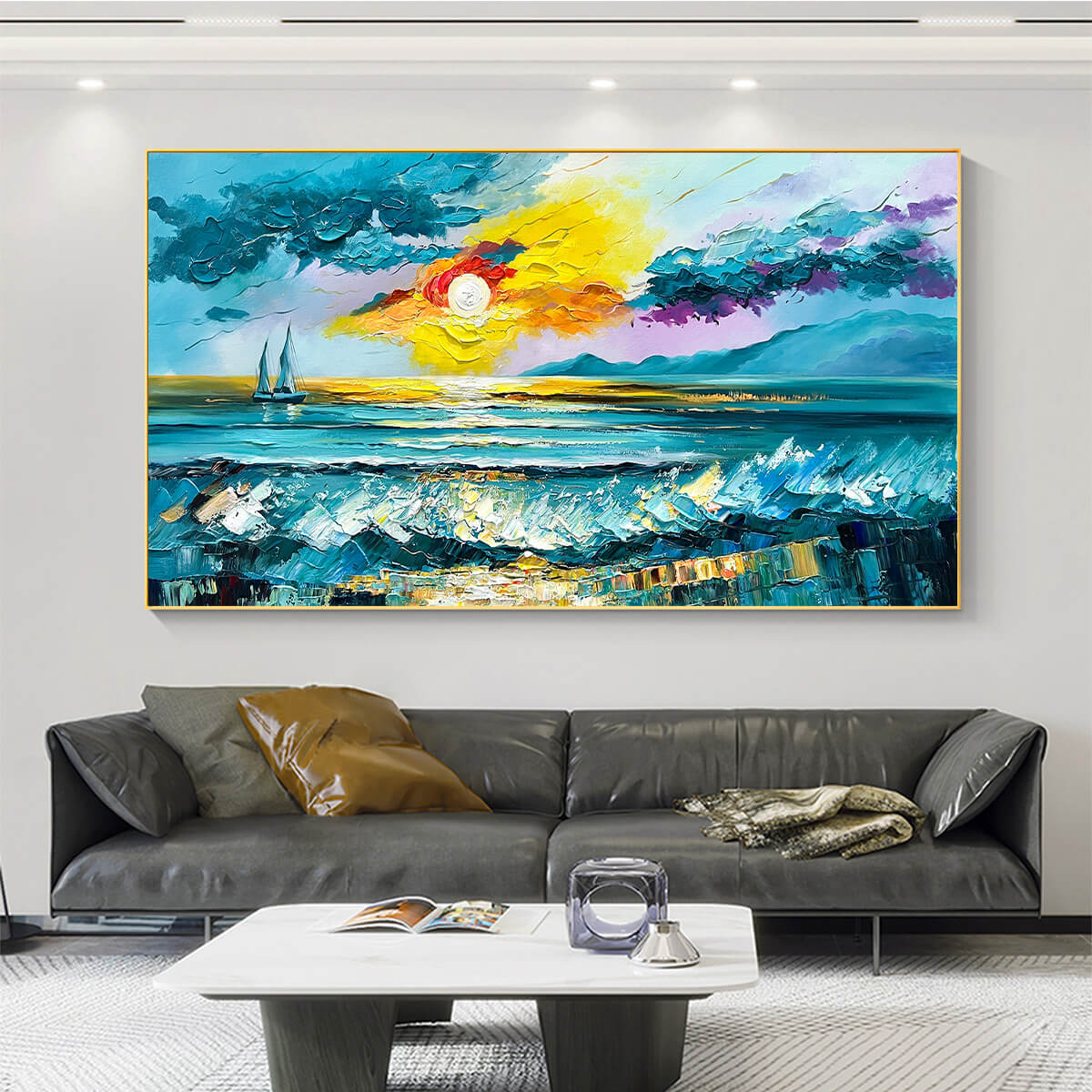 GOLDEN HORIZON: Vibrant Sunset Seascape Oil Painting
