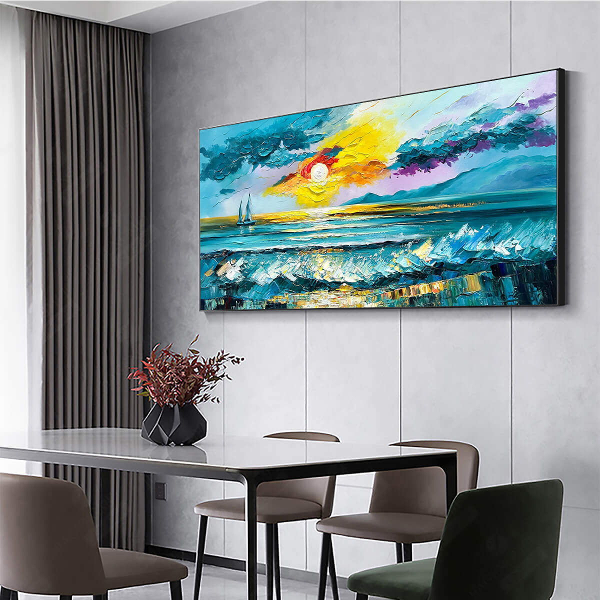 GOLDEN HORIZON: Vibrant Sunset Seascape Oil Painting