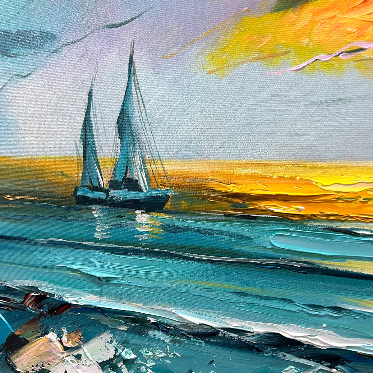 GOLDEN HORIZON: Vibrant Sunset Seascape Oil Painting
