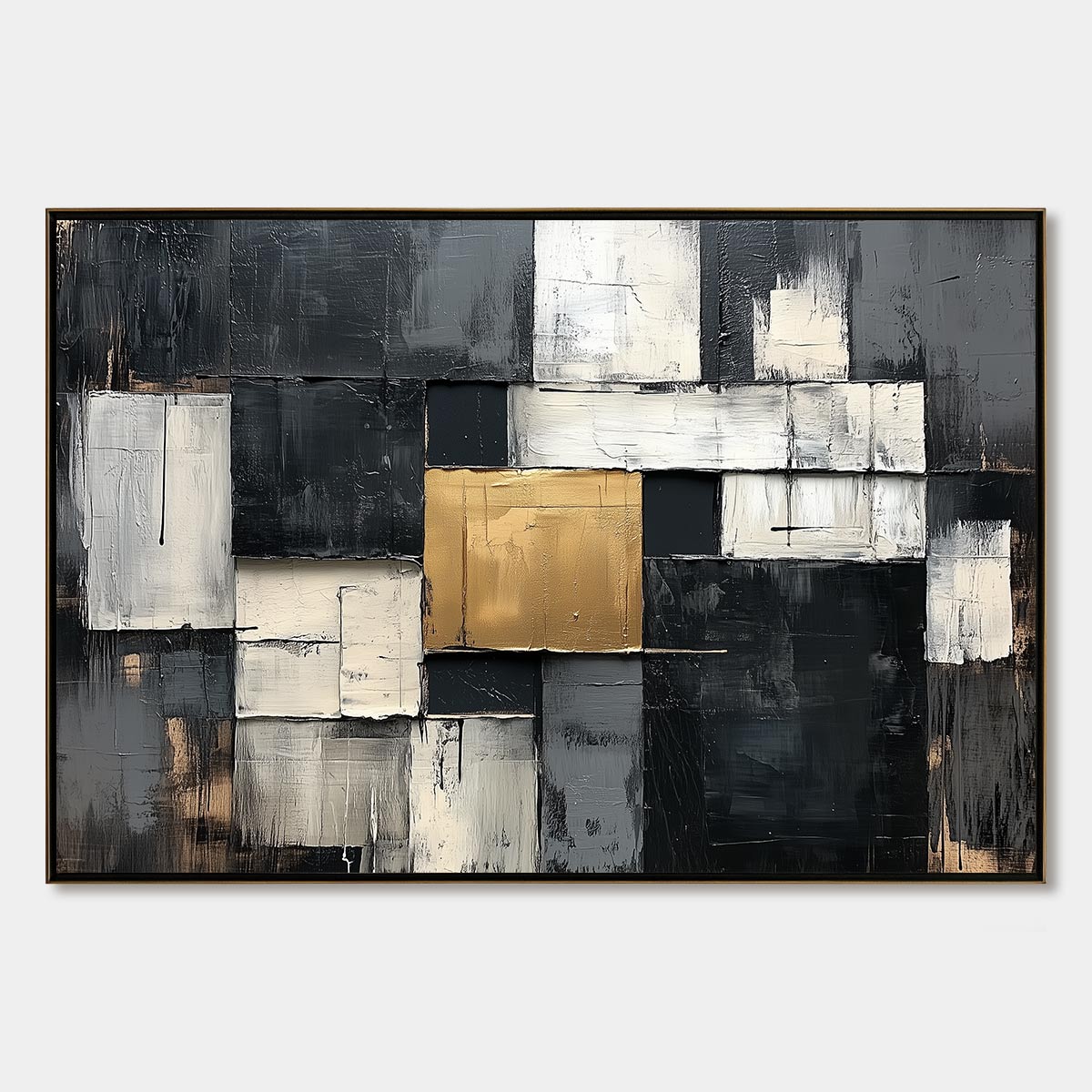 GOLDEN INTERSECTION: Textured Abstract Geometric Oil Painting