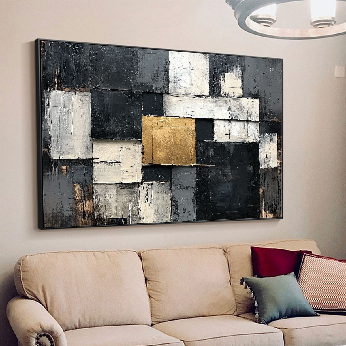 GOLDEN INTERSECTION: Textured Abstract Geometric Oil Painting