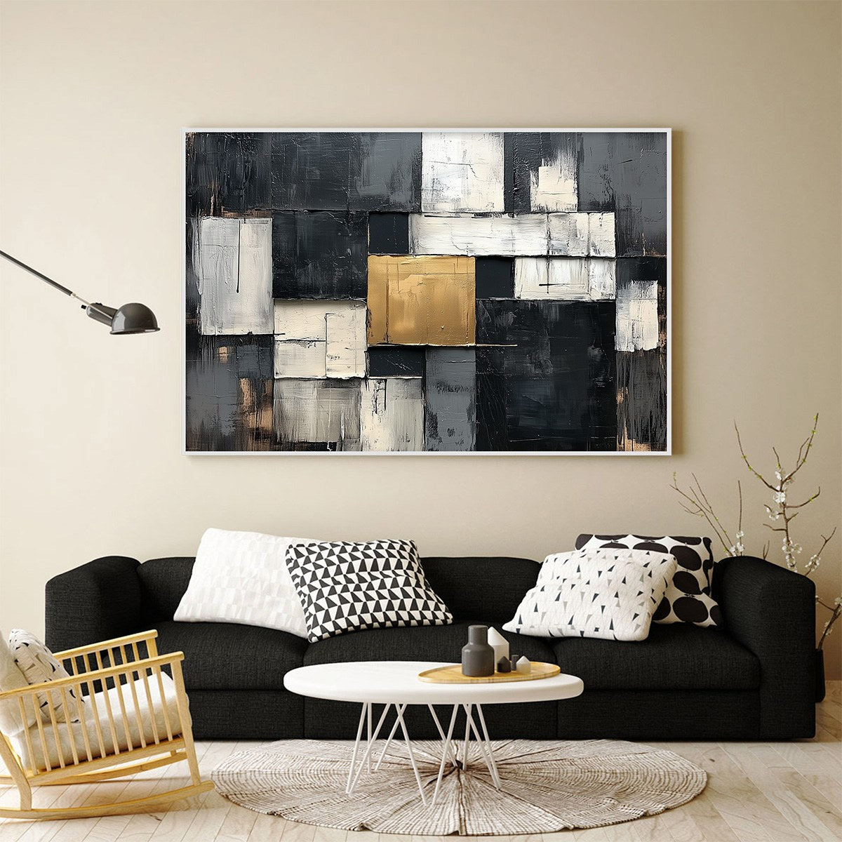 GOLDEN INTERSECTION: Textured Abstract Geometric Oil Painting