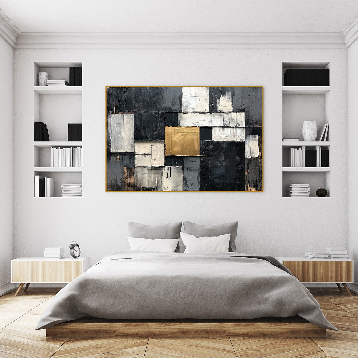 GOLDEN INTERSECTION: Textured Abstract Geometric Oil Painting