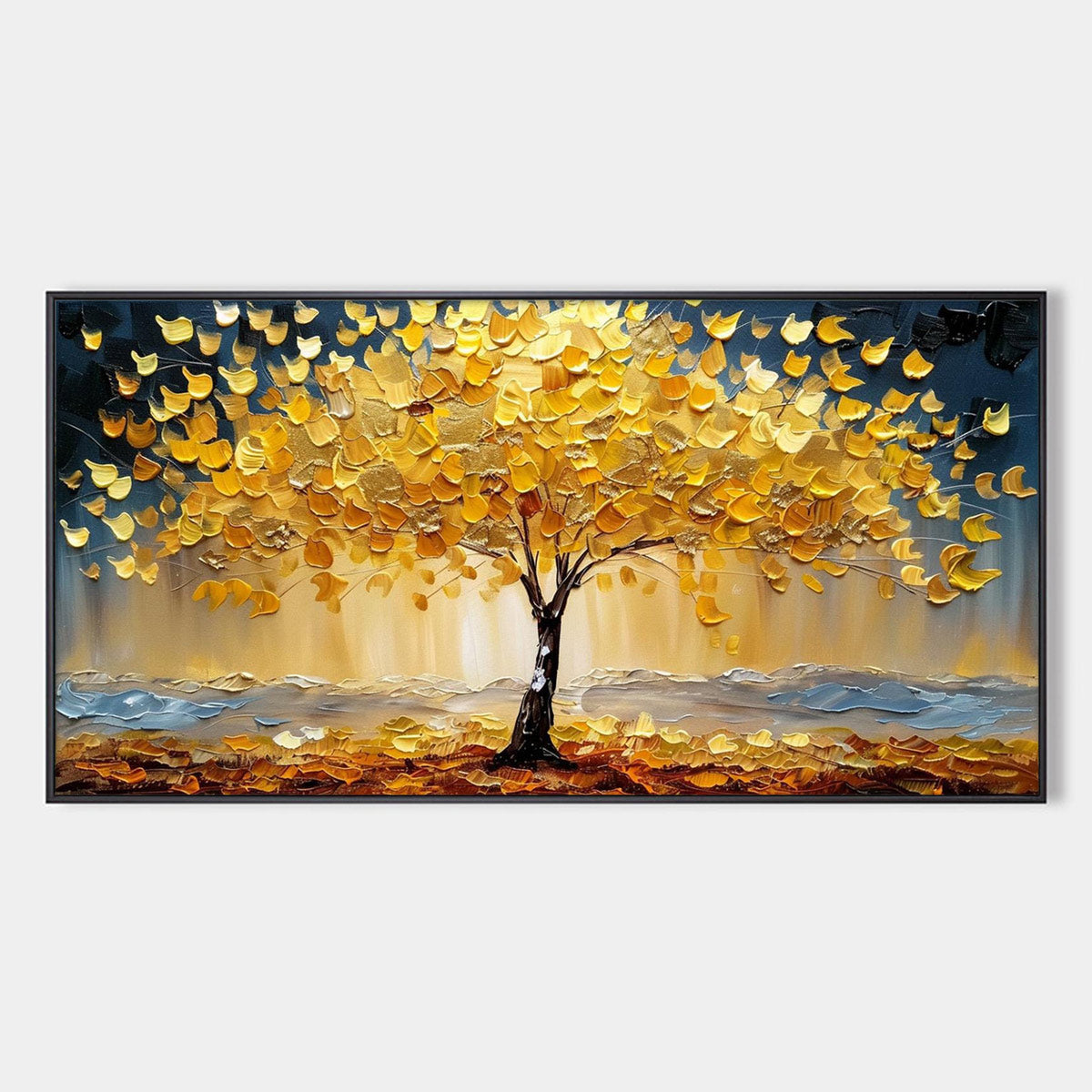 GOLDEN MAJESTY: Textured Impasto Golden Tree Oil Painting