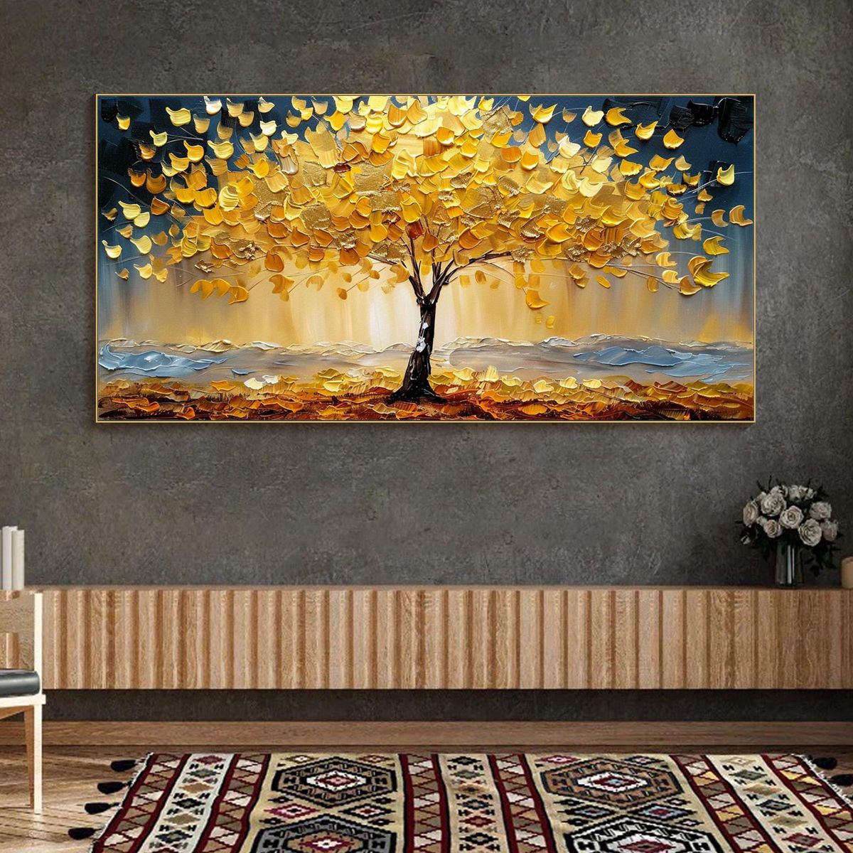 GOLDEN MAJESTY: Textured Impasto Golden Tree Oil Painting