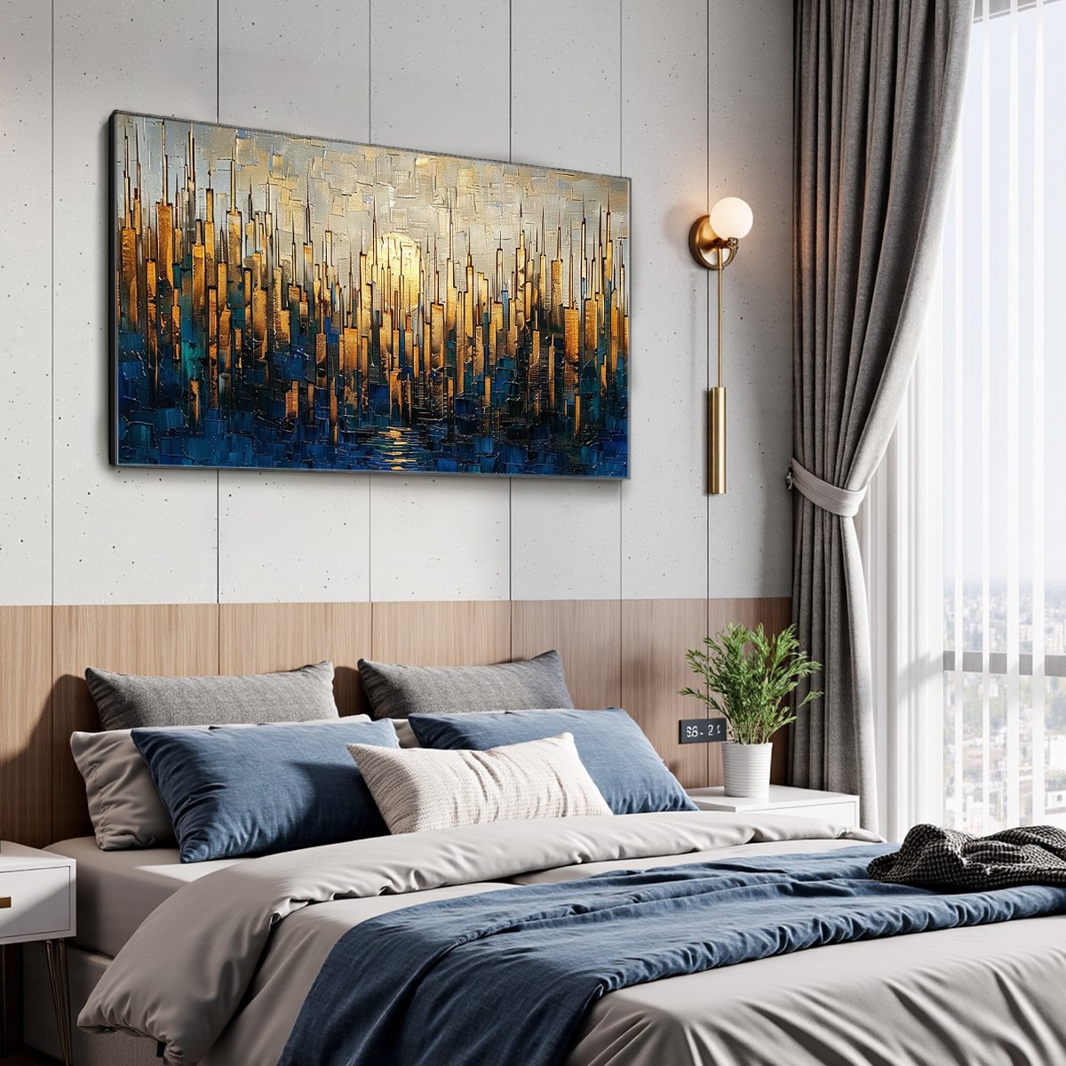 GOLDEN METROPOLIS: Textured Cityscape Oil Painting