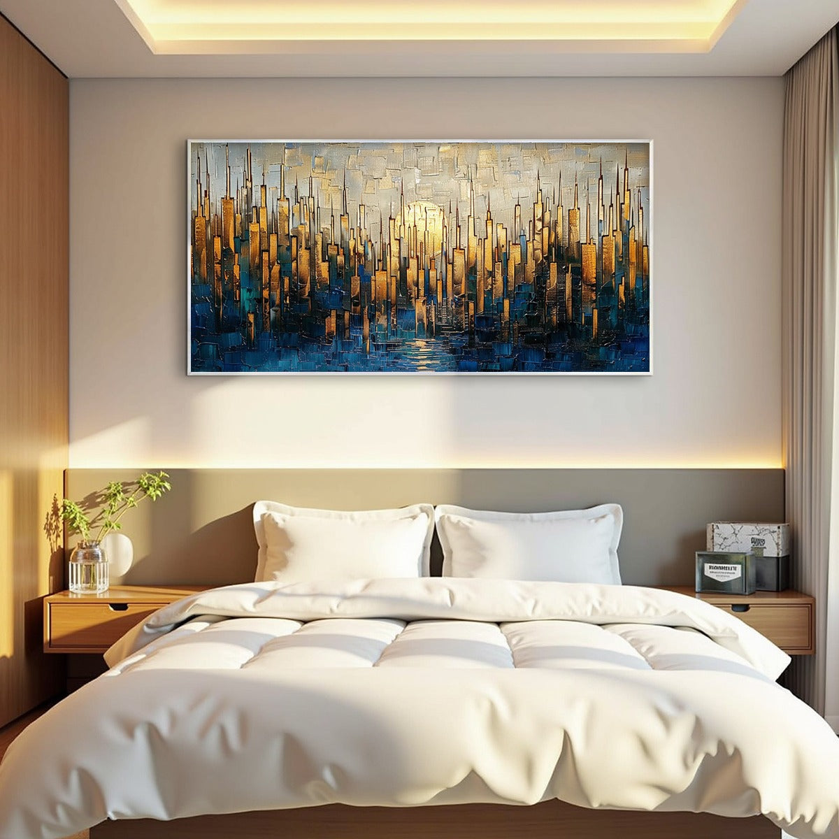GOLDEN METROPOLIS: Textured Cityscape Oil Painting