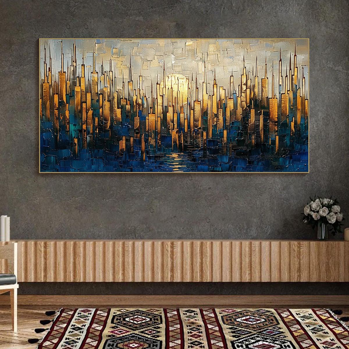 GOLDEN METROPOLIS: Textured Cityscape Oil Painting
