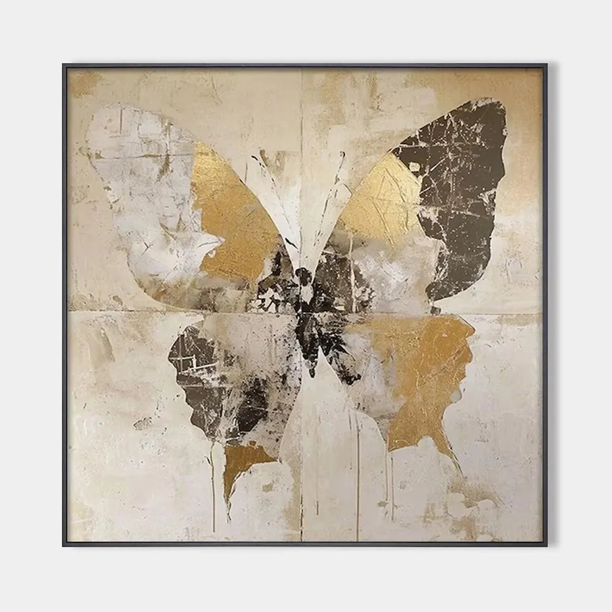 GOLDEN MONARCH: Gold Butterfly Painting, Square Canvas Art, Textured Wall Art, Beige and Gold Decor