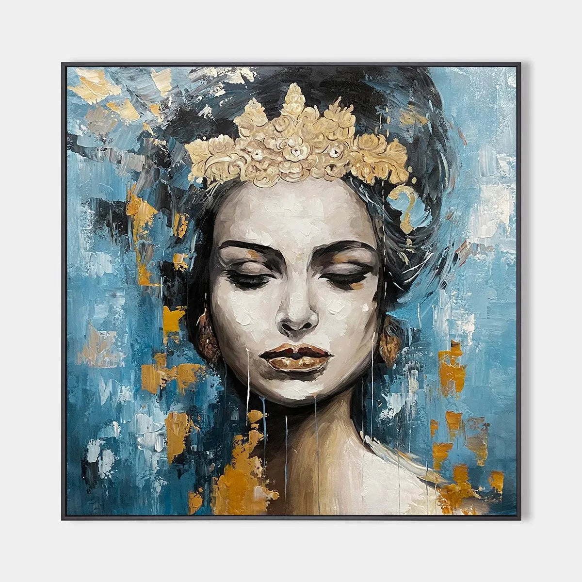 GOLDEN MUSE: Portrait Painting in Blue and Gold, Square Canvas, Modern Figurative Wall Art