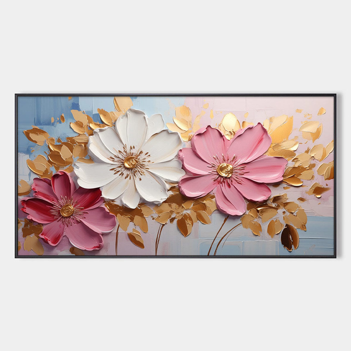 GOLDEN PETALS: Textured Panoramic Floral Oil Painting