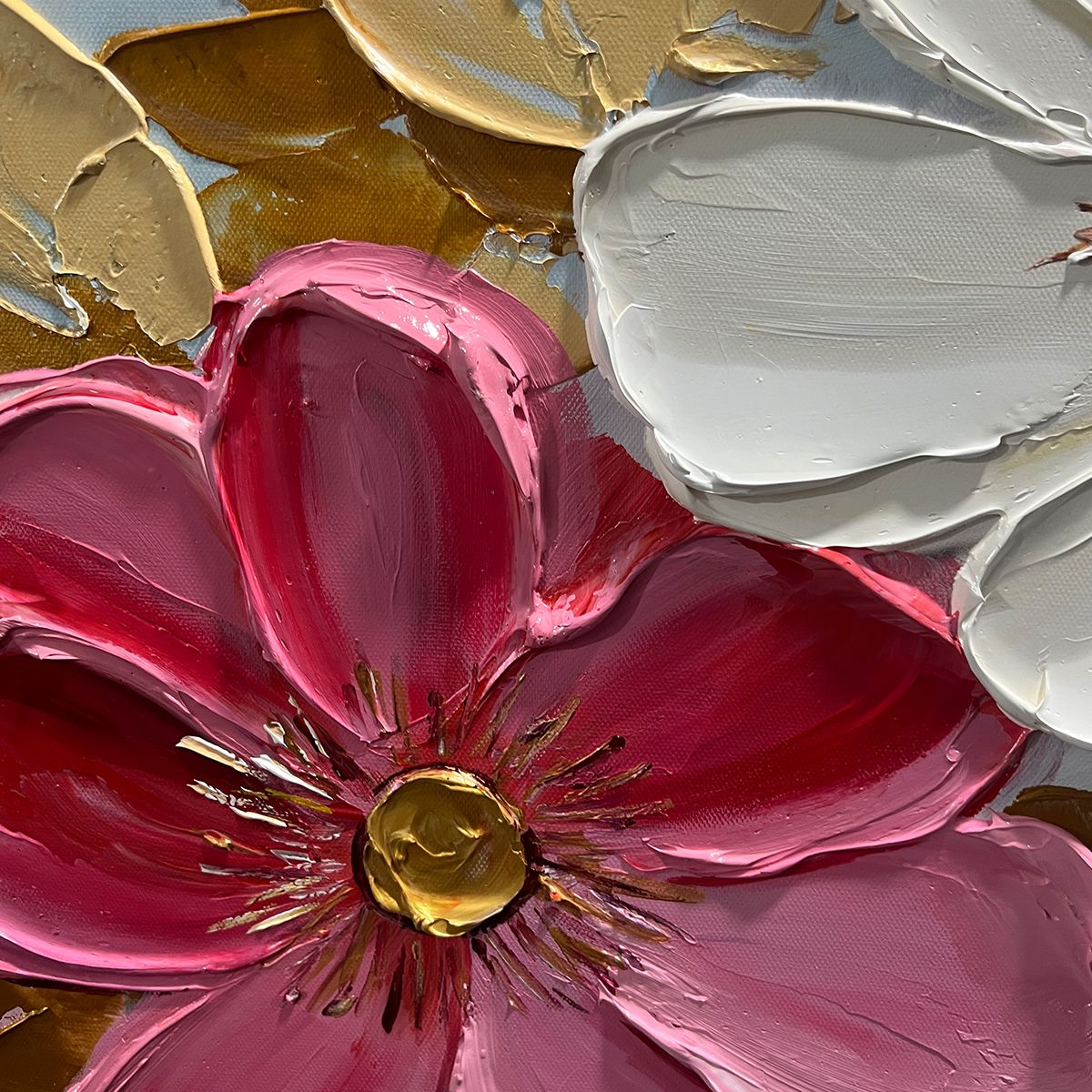 GOLDEN PETALS: Textured Panoramic Floral Oil Painting