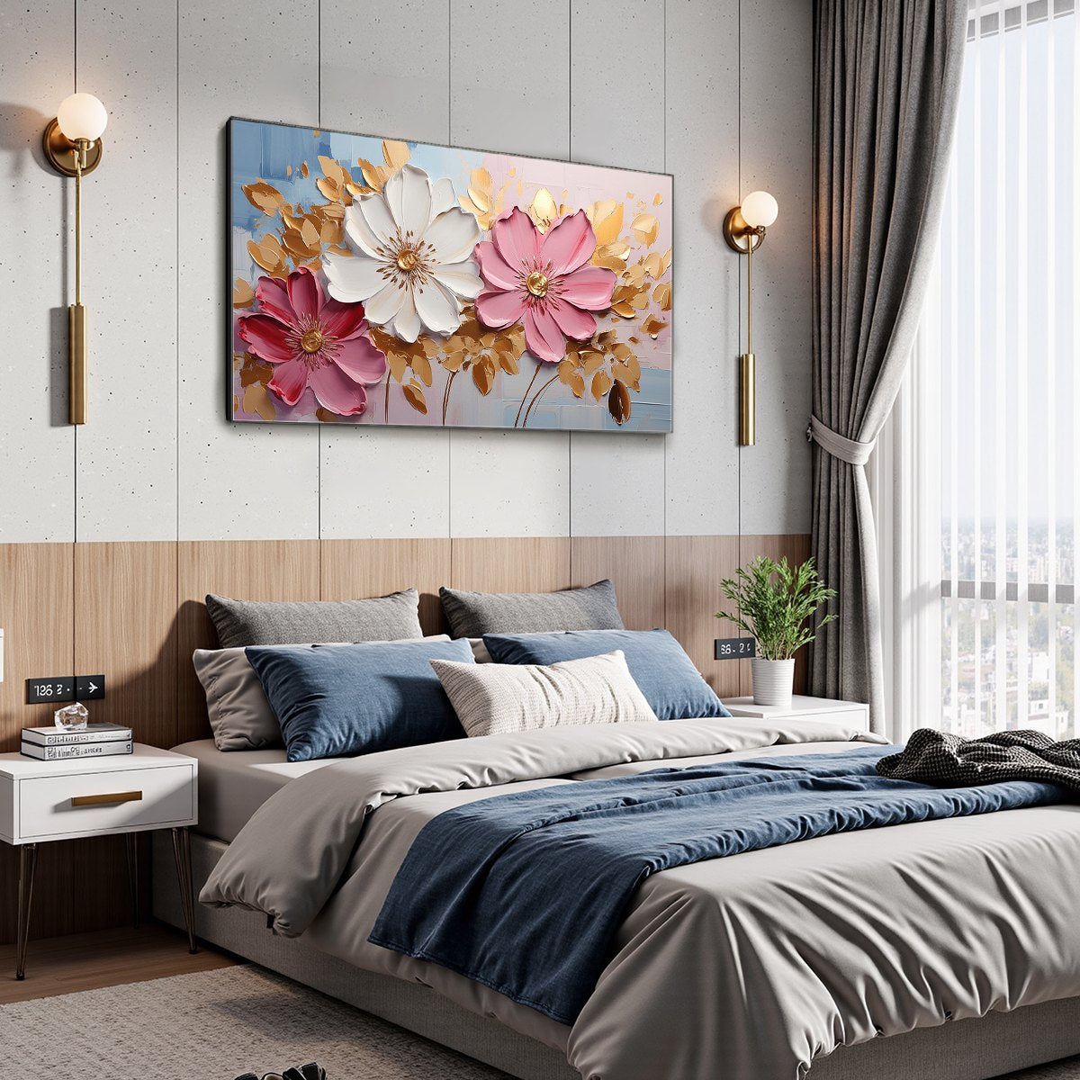 GOLDEN PETALS: Textured Panoramic Floral Oil Painting