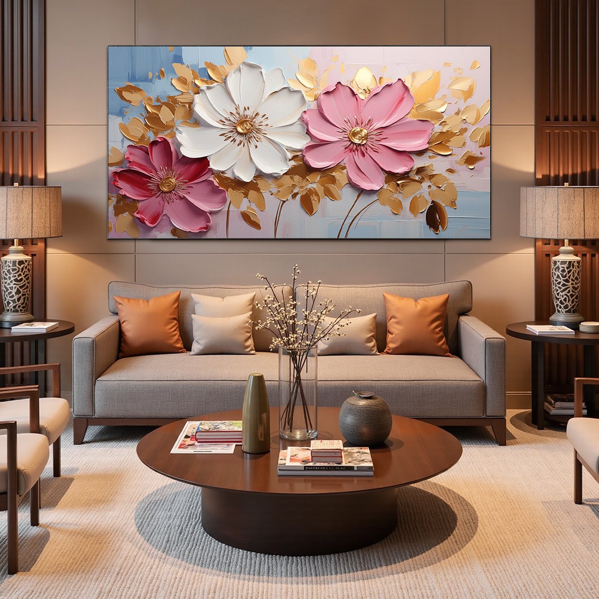 GOLDEN PETALS: Textured Panoramic Floral Oil Painting