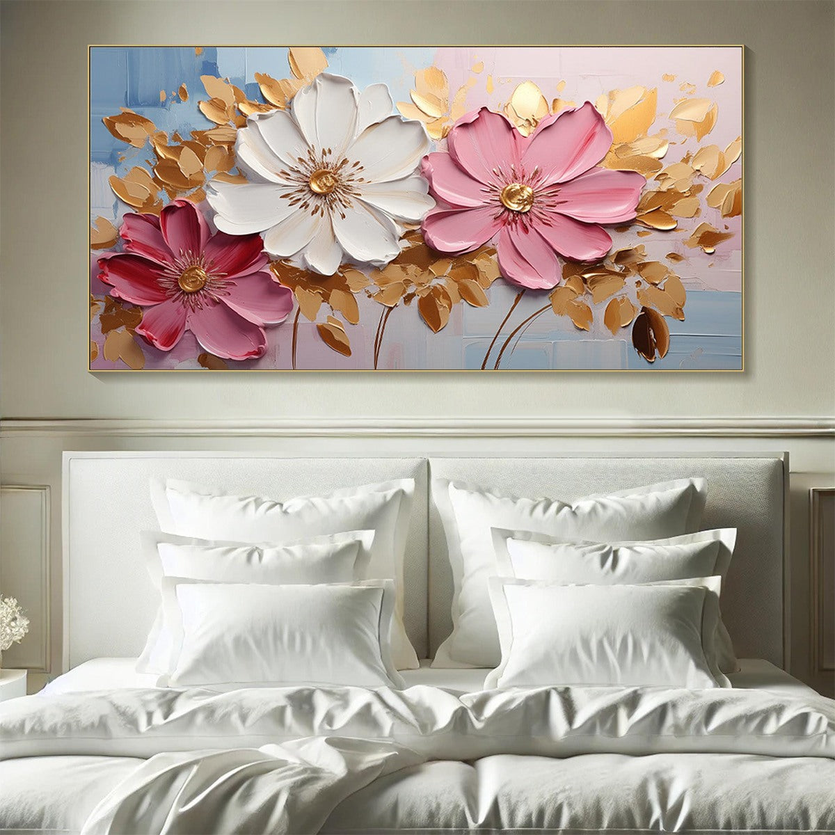 GOLDEN PETALS: Textured Panoramic Floral Oil Painting