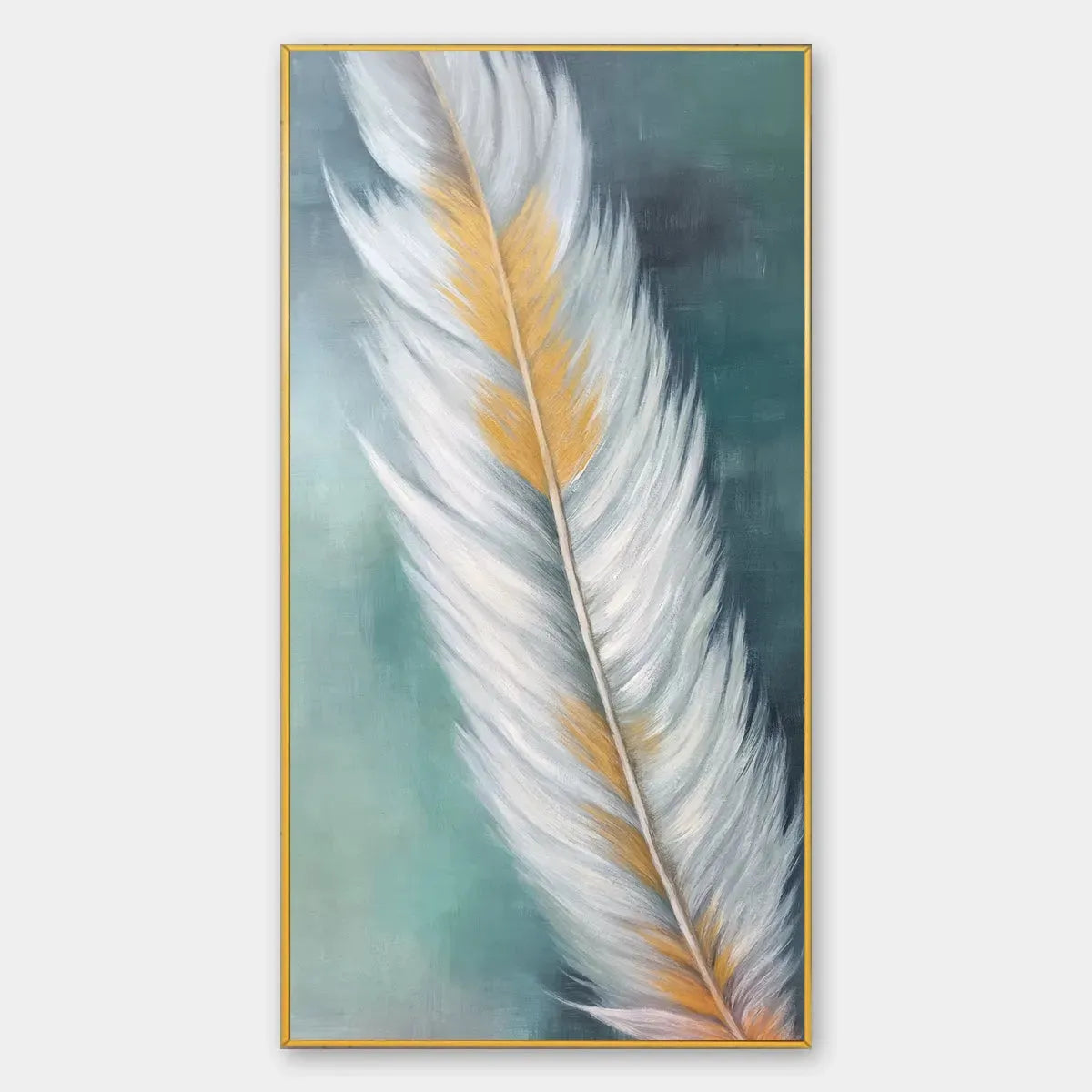 GOLDEN QUILL: White and Gold Feather Painting, Green Background Wall Art, Vertical Canvas, Minimalist Decor