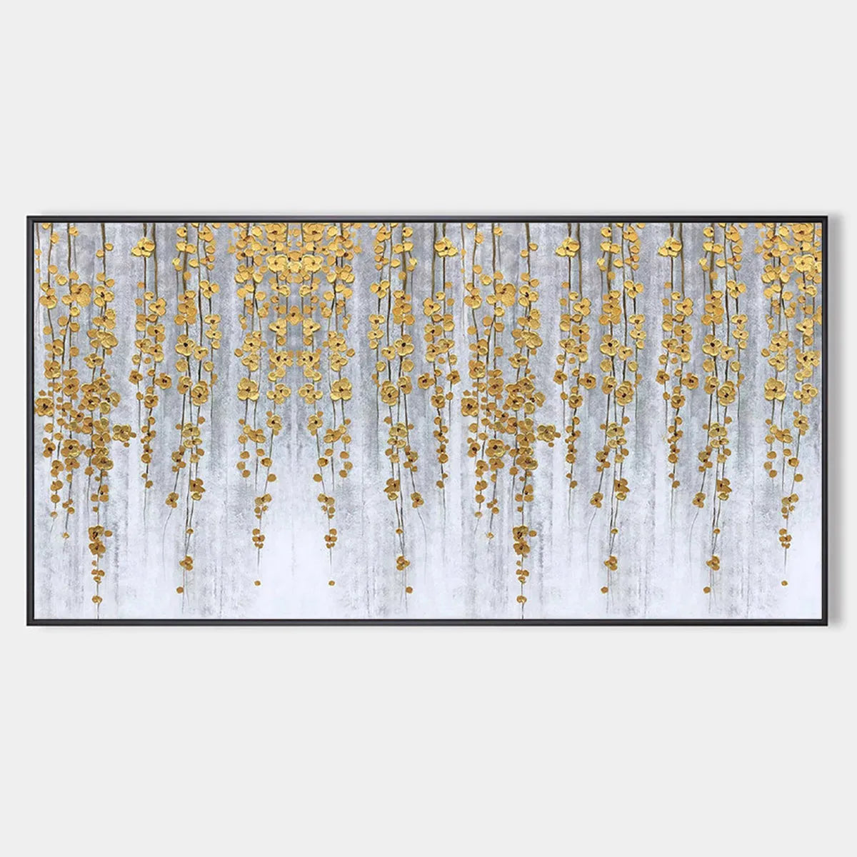 GOLDEN RAIN: Minimalist Floral Oil Painting in Gold and Grey