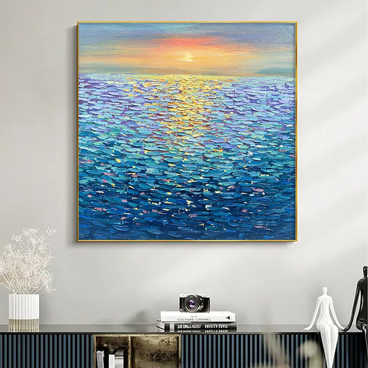 GOLDEN SUNSET OVER WATER: Square Textured Seascape Painting, Palette Knife Ocean Sunset, Blue, Living Room, Bedroom