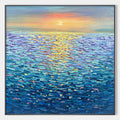 GOLDEN SUNSET OVER WATER: Square Textured Seascape Painting, Palette Knife Ocean Sunset, Blue, Living Room, Bedroom
