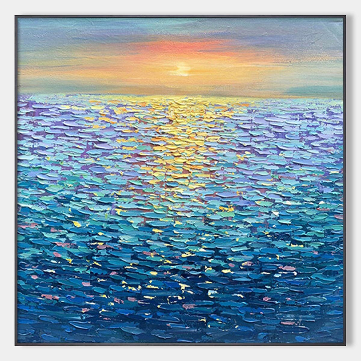 GOLDEN SUNSET OVER WATER: Square Textured Seascape Painting, Palette Knife Ocean Sunset, Blue, Living Room, Bedroom