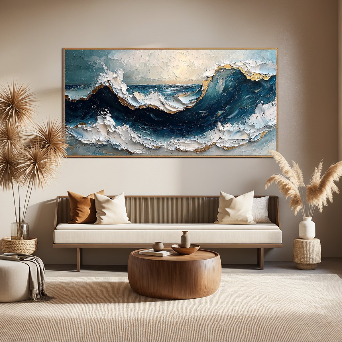 GOLDEN TIDE: Textured Impasto Ocean Wave Oil Painting