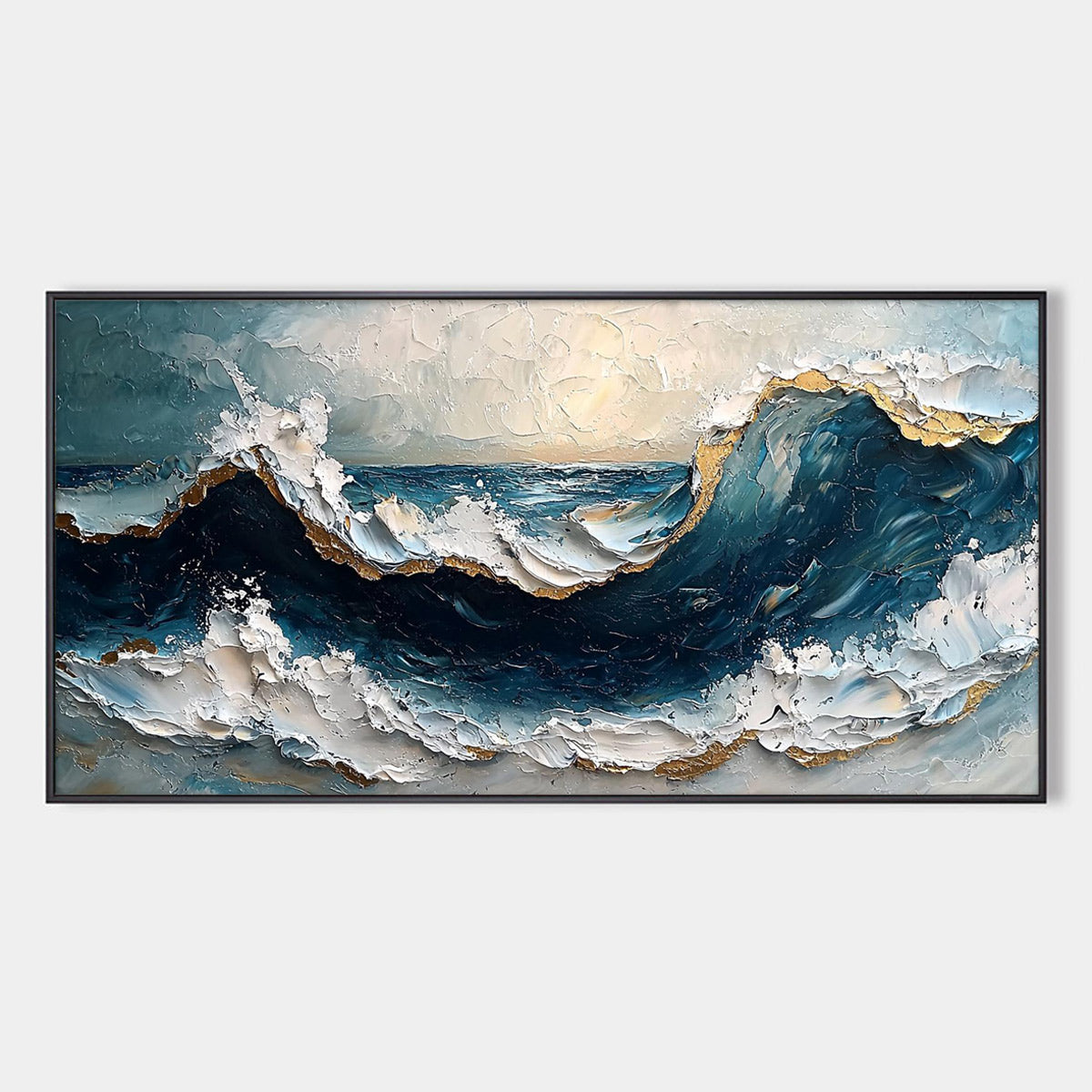 GOLDEN TIDE: Textured Impasto Ocean Wave Oil Painting