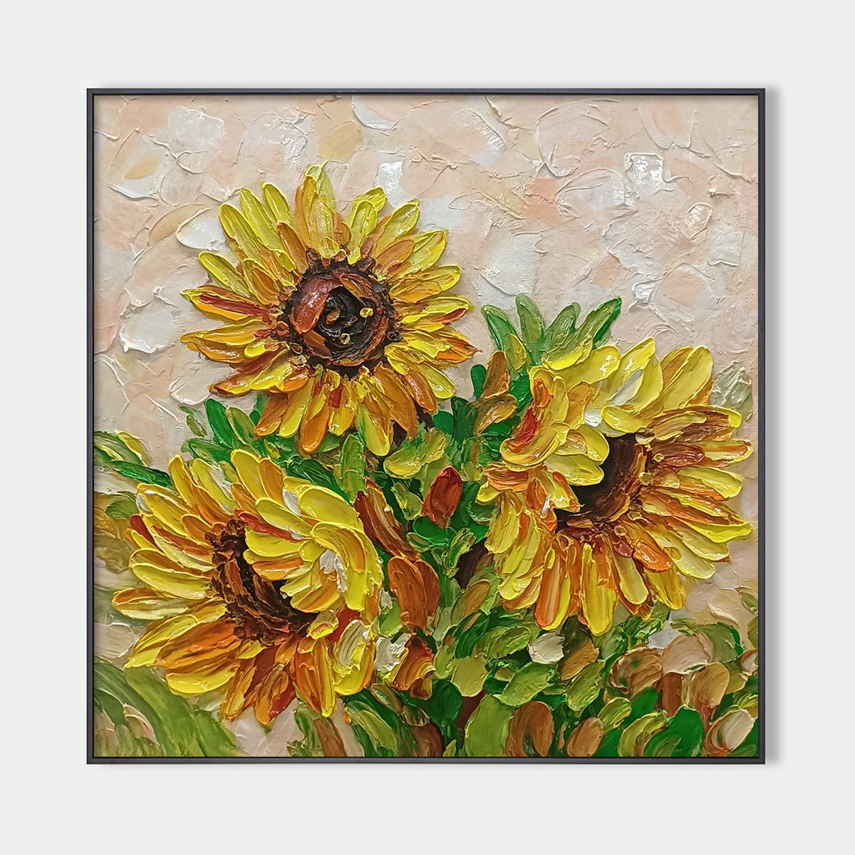 GOLDEN TRIO: Impasto Sunflower Oil Painting in Vibrant Yellows