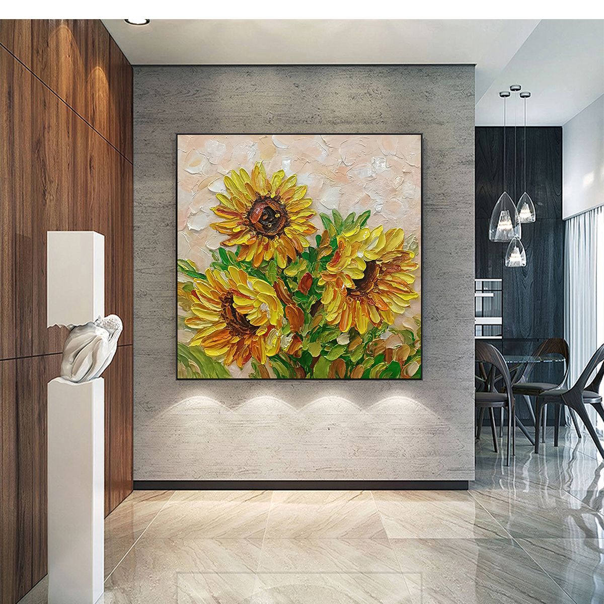 GOLDEN TRIO: Impasto Sunflower Oil Painting in Vibrant Yellows