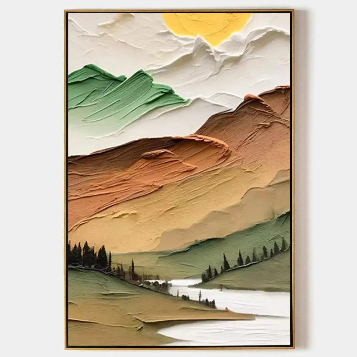 GOLDEN VALLEY: Textured Mountain Landscape Painting, Green and Gold Wall Art, Vertical Canvas, Impasto Decor
