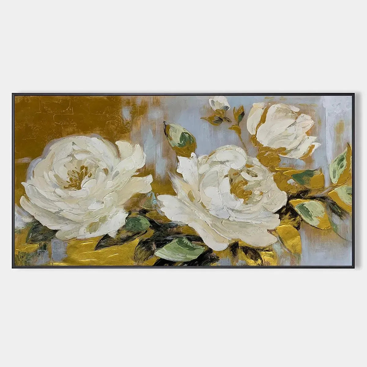 GOLDEN WHISPERS: White Floral Painting with Gold Accents, Panoramic Canvas, Elegant Wall Art for Living Room or Bedroom
