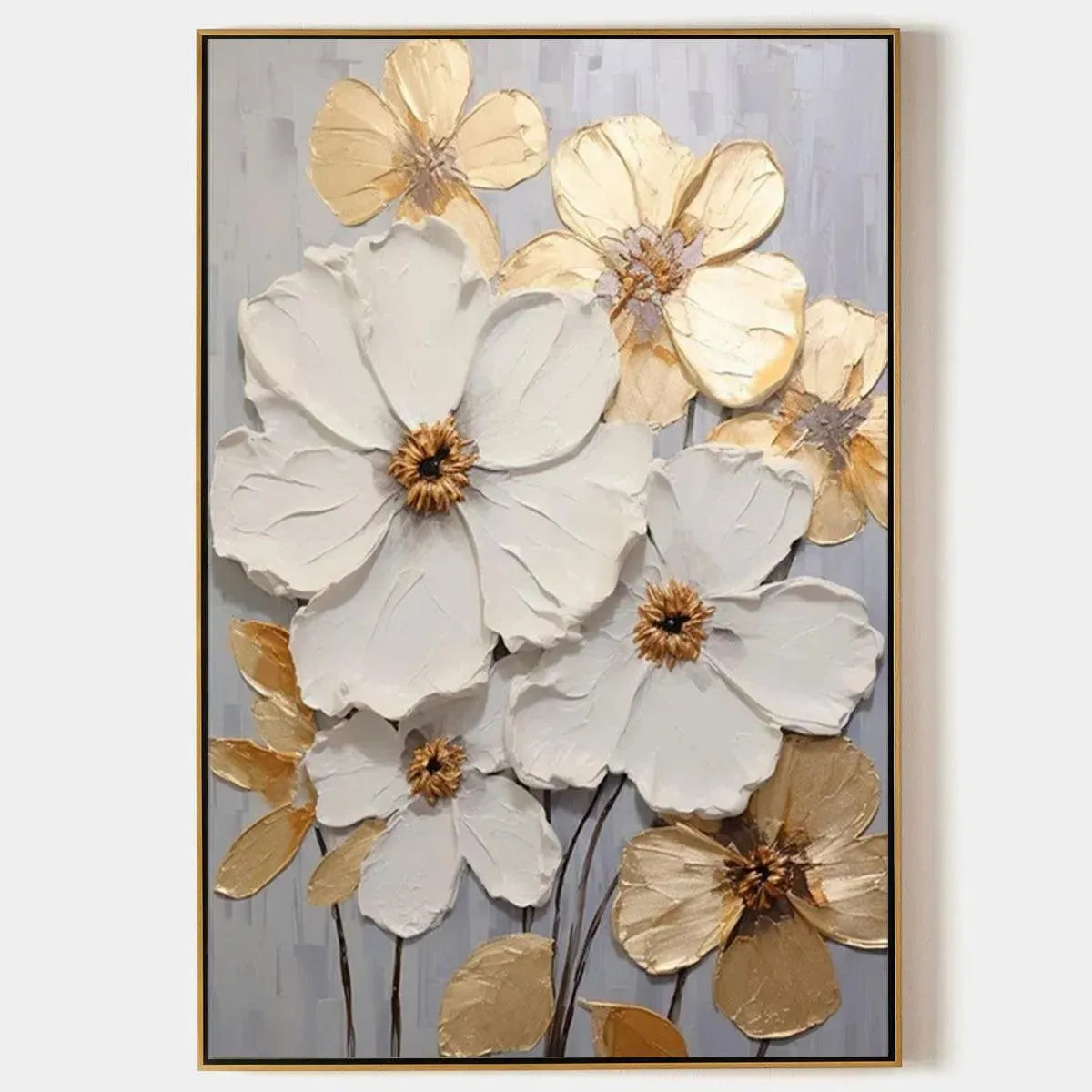 GOLDEN WHISPERS: Textured Floral Painting, Gold and White Wall Art, Vertical Canvas, Impasto Decor