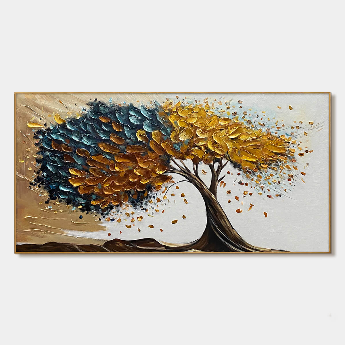 GOLDEN WHISPERS: Textured Abstract Tree Oil Painting