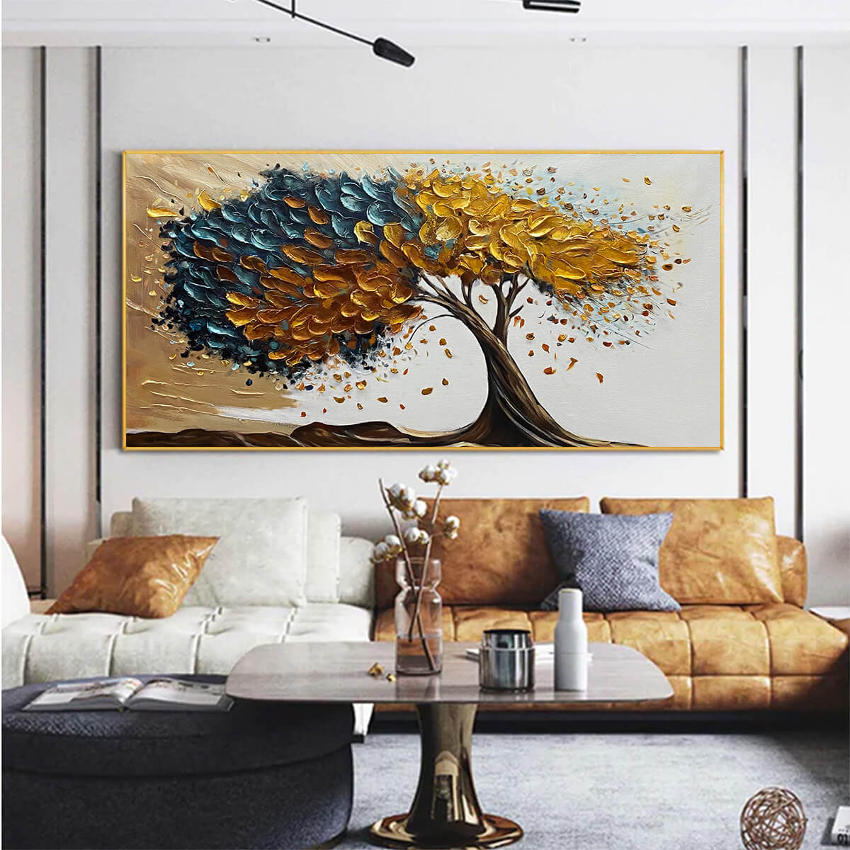 GOLDEN WHISPERS: Textured Abstract Tree Oil Painting