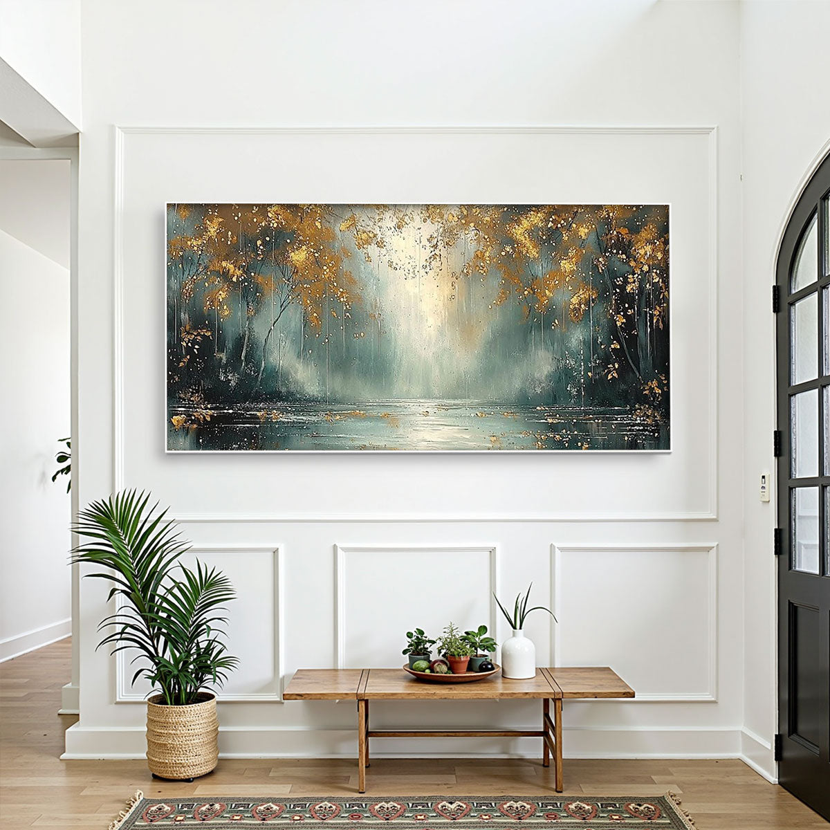 GOLDEN WHISPERS: Textured Forest Landscape Oil Painting with Gold Accents