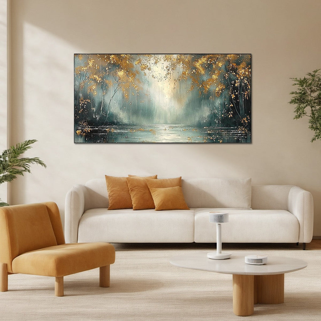 GOLDEN WHISPERS: Textured Forest Landscape Oil Painting with Gold Accents