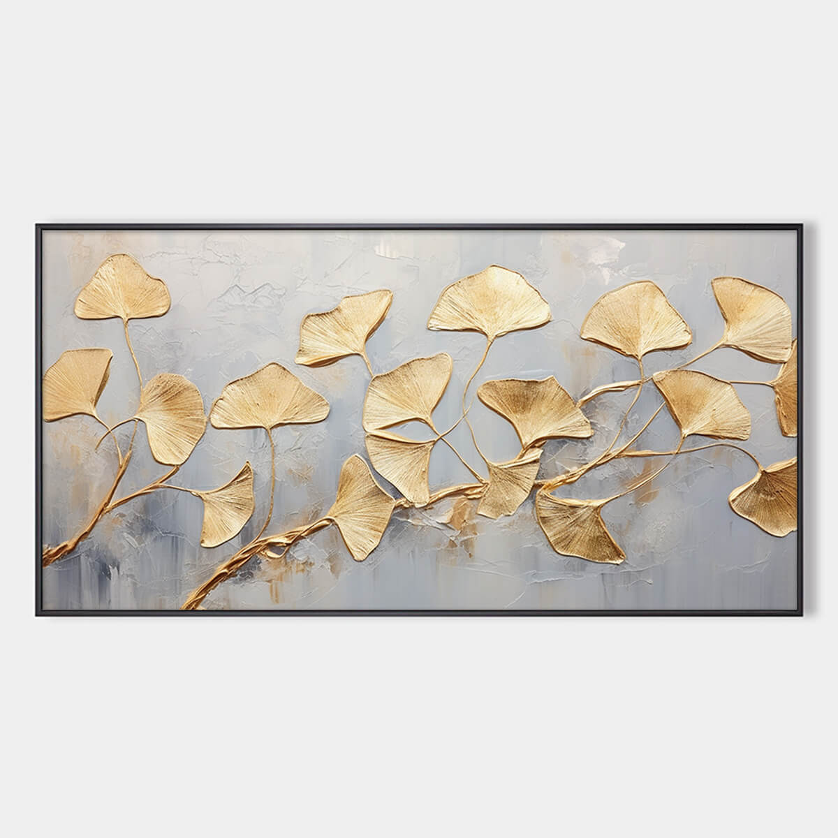 GOLDEN WHISPERS: Textured Ginkgo Leaf Oil Painting in Gold