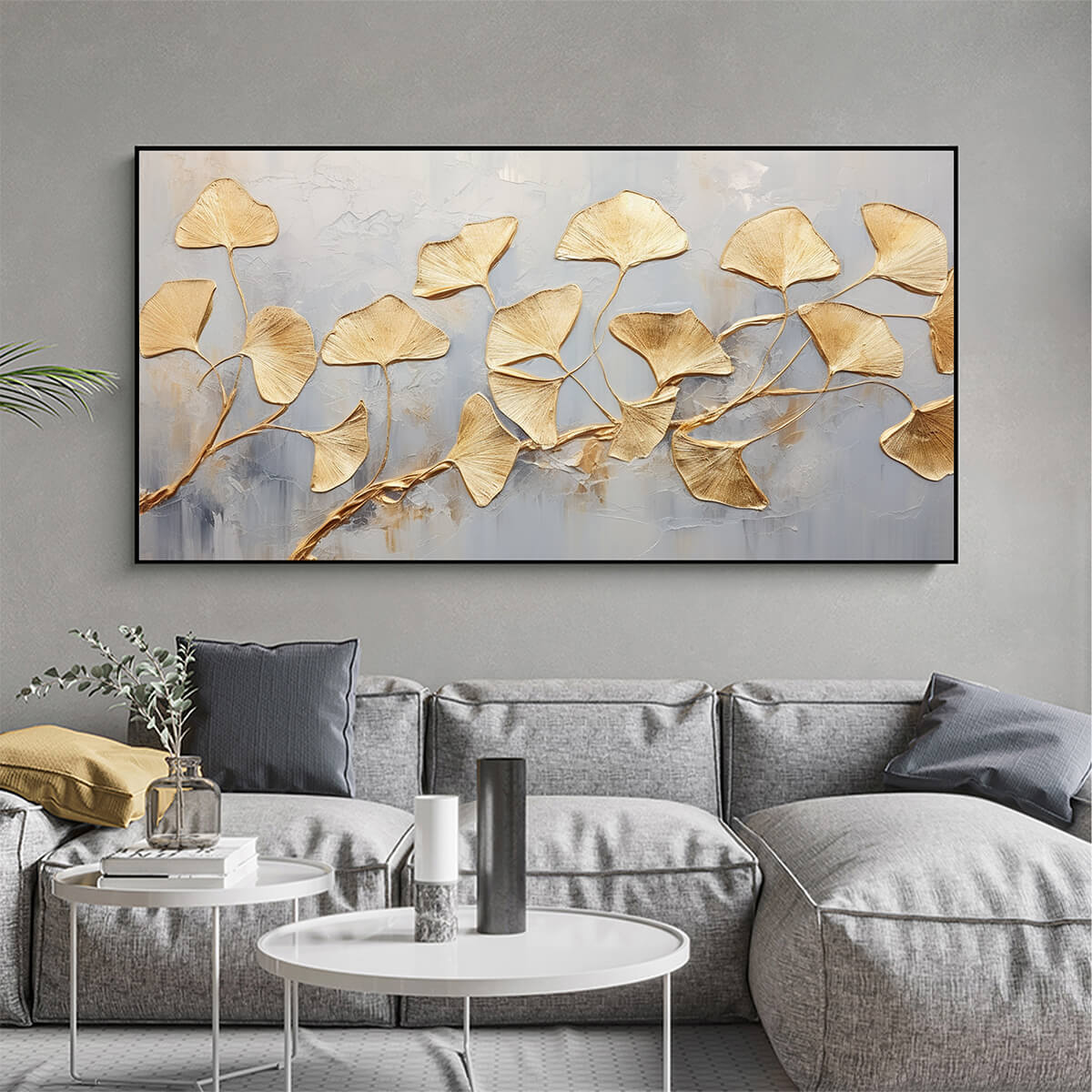 GOLDEN WHISPERS: Textured Ginkgo Leaf Oil Painting in Gold