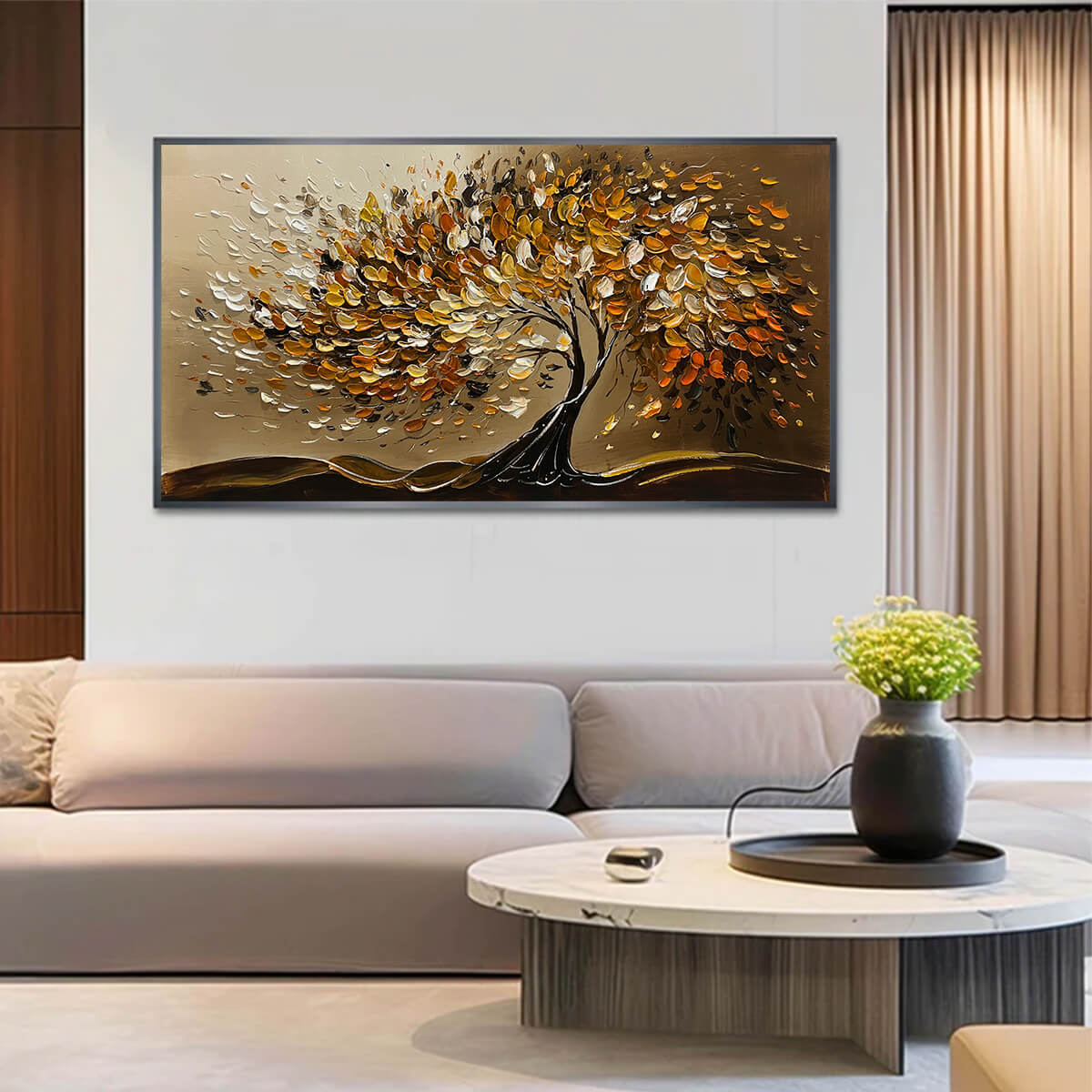 GOLDEN WHISPERS: Textured Golden Tree Impasto Oil Painting