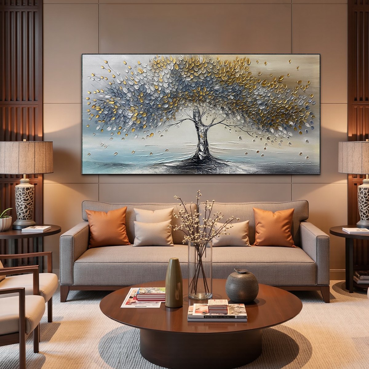 GOLDEN WHISPERS: Textured Tree Landscape Oil Painting
