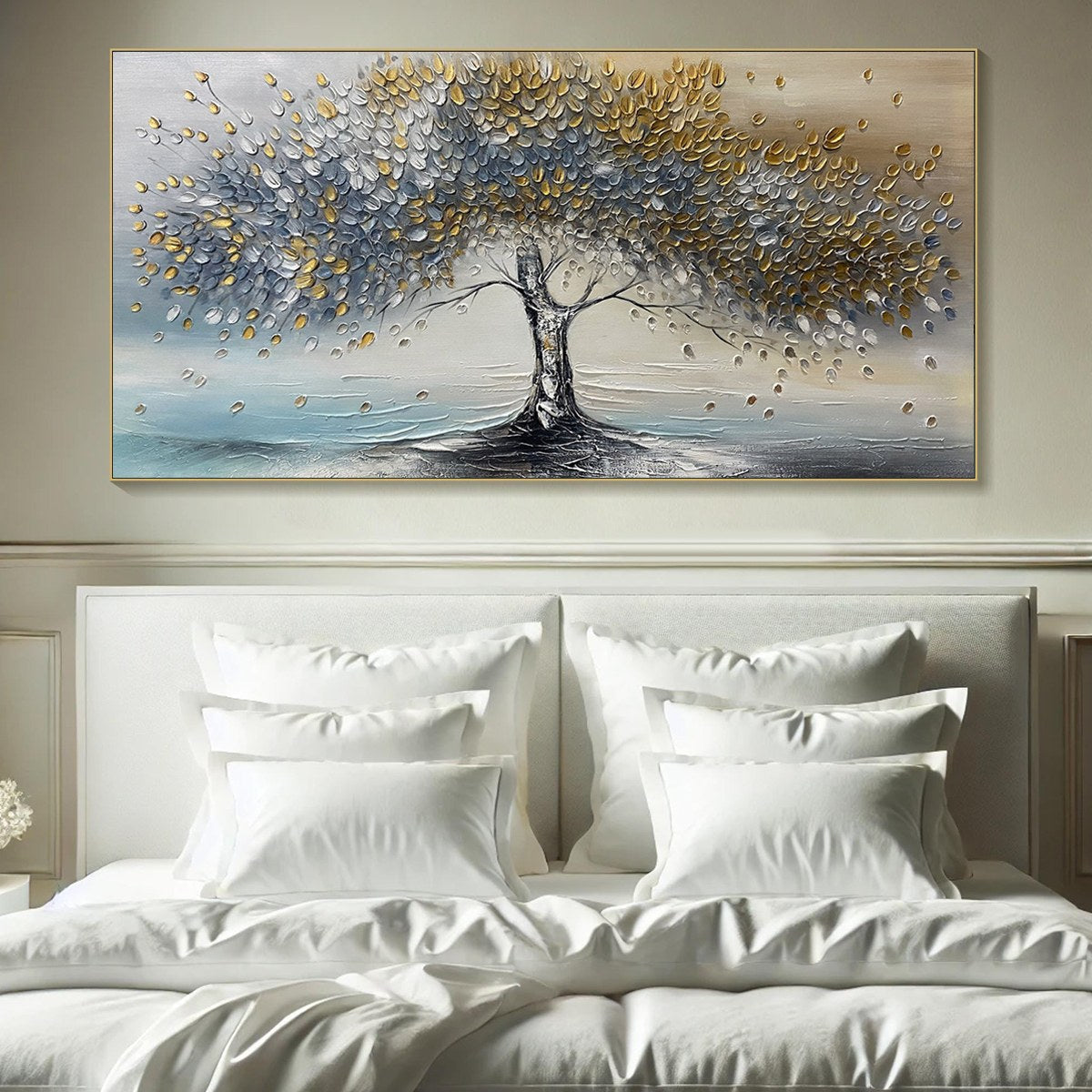GOLDEN WHISPERS: Textured Tree Landscape Oil Painting