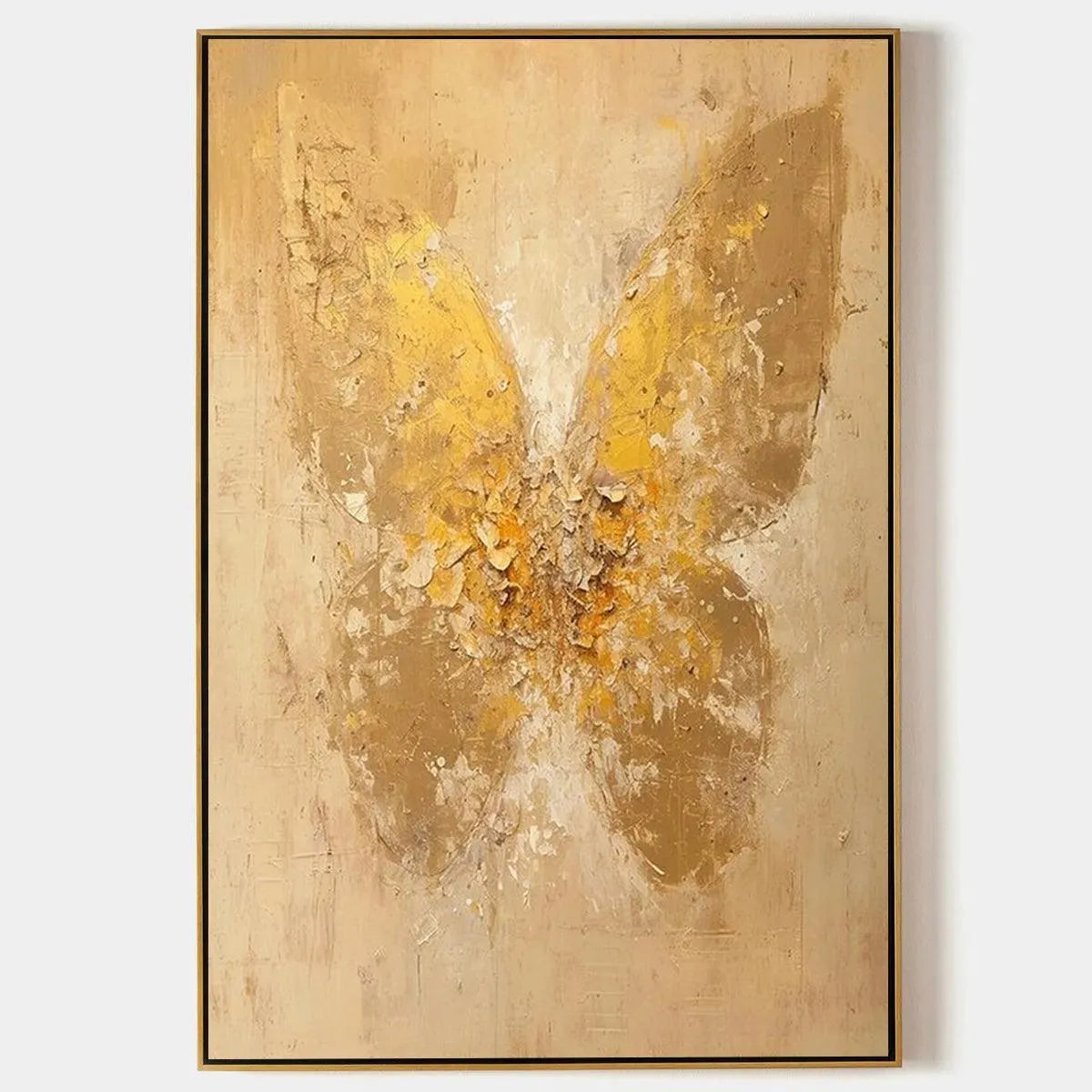 GOLDEN WINGS: Gold Butterfly Painting, Textured Wall Art, Vertical Canvas, Beige and Gold Decor