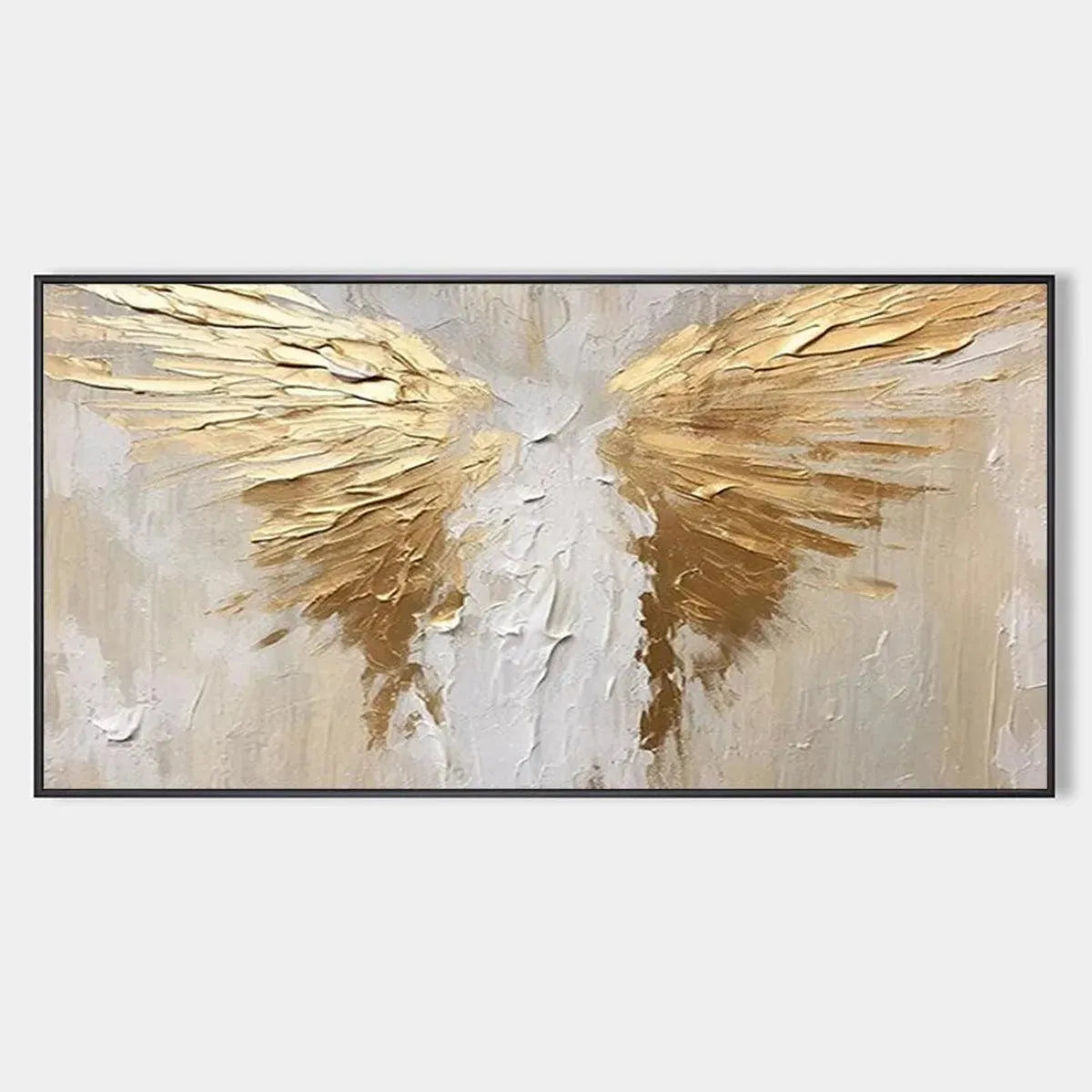 GOLDEN WINGS: Textured Abstract Painting, Gold and Beige Wall Art, Panoramic Canvas, Modern Decor