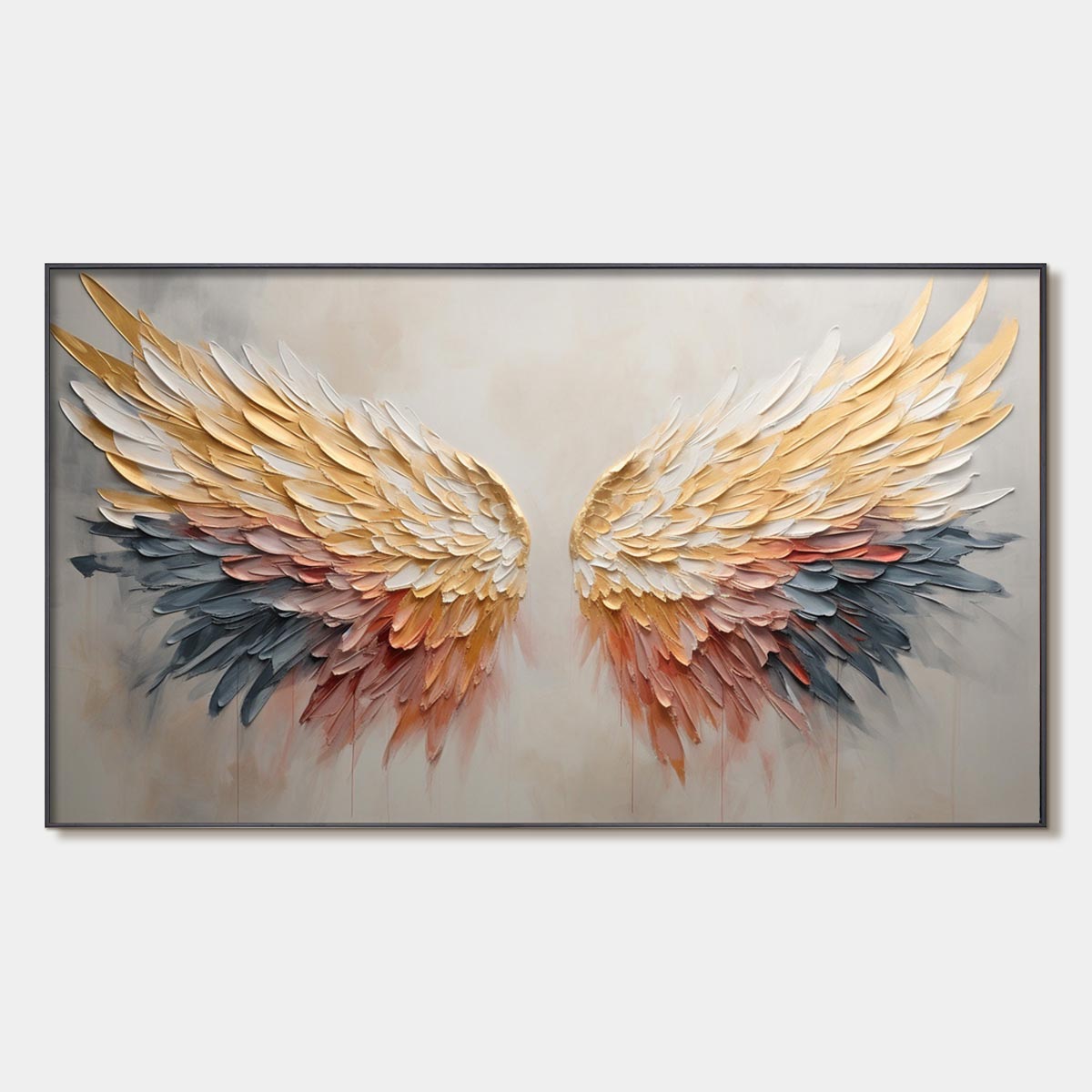 GOLDEN WINGS: Panoramic Angel Wings Painting, Textured Wall Art, Gold, Beige, Living Room, Bedroom