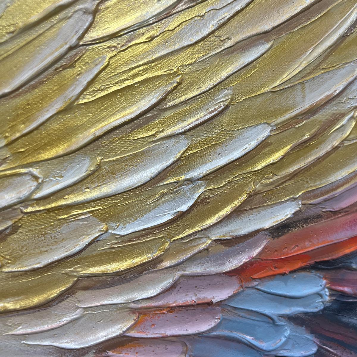 GOLDEN WINGS: Panoramic Angel Wings Painting, Textured Wall Art, Gold, Beige, Living Room, Bedroom