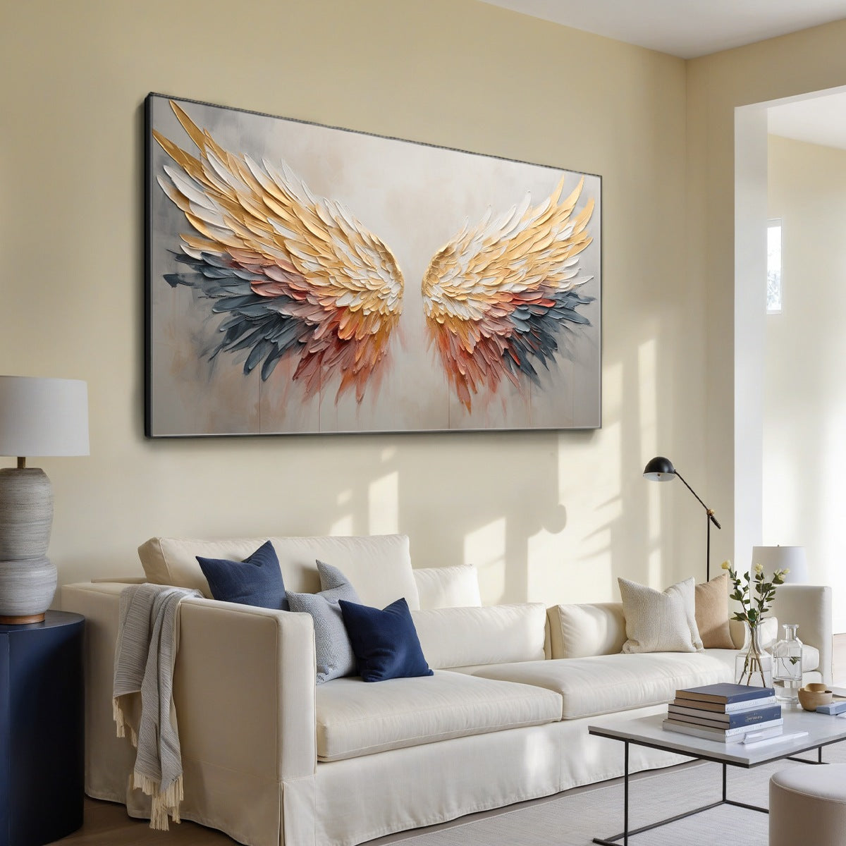 GOLDEN WINGS: Panoramic Angel Wings Painting, Textured Wall Art, Gold, Beige, Living Room, Bedroom