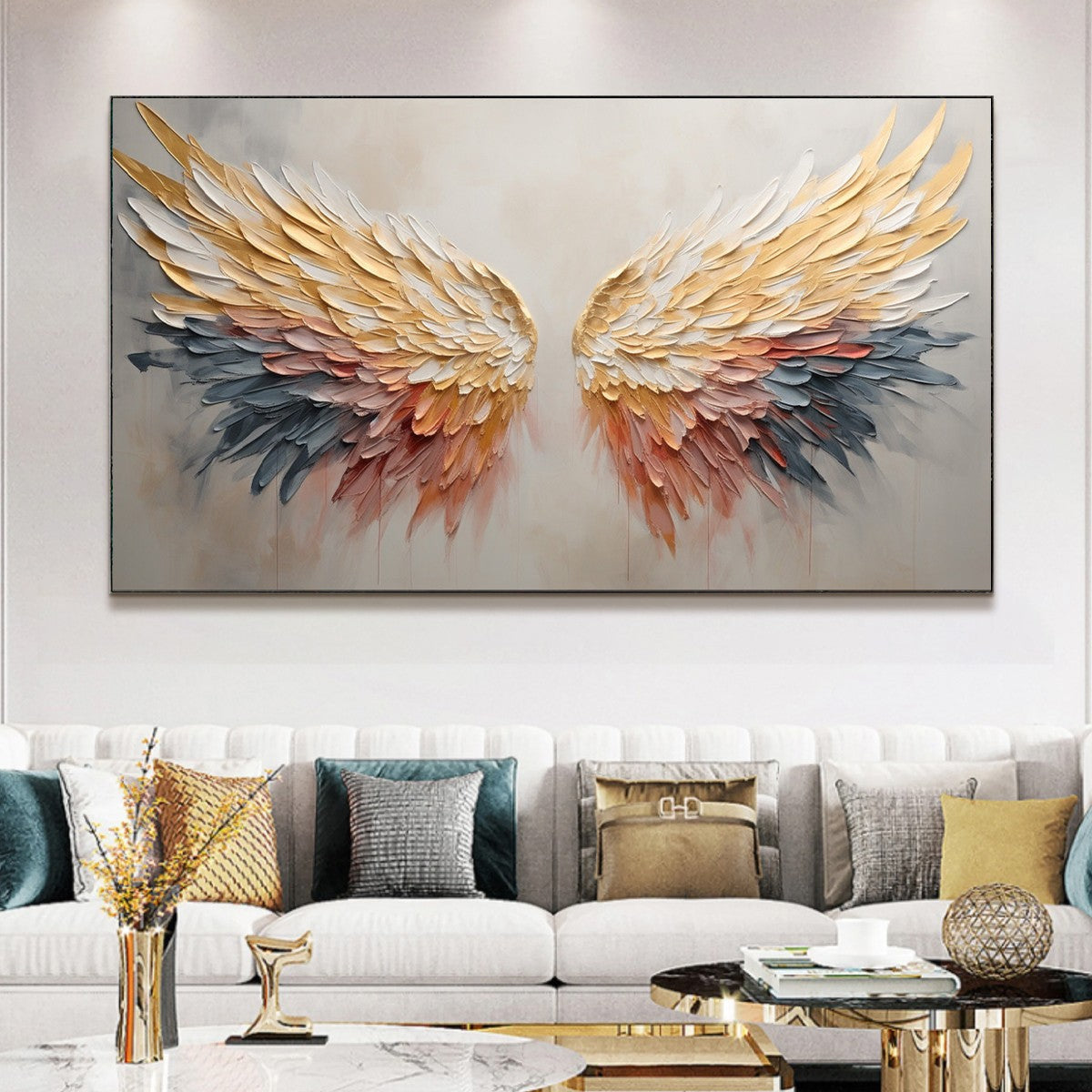 GOLDEN WINGS: Panoramic Angel Wings Painting, Textured Wall Art, Gold, Beige, Living Room, Bedroom