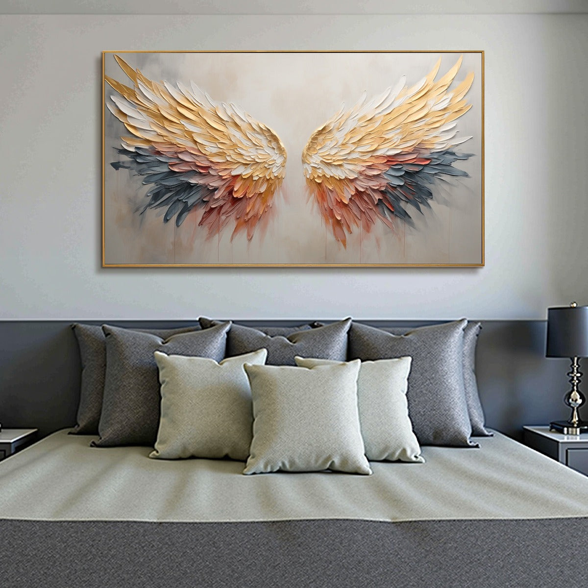 GOLDEN WINGS: Panoramic Angel Wings Painting, Textured Wall Art, Gold, Beige, Living Room, Bedroom