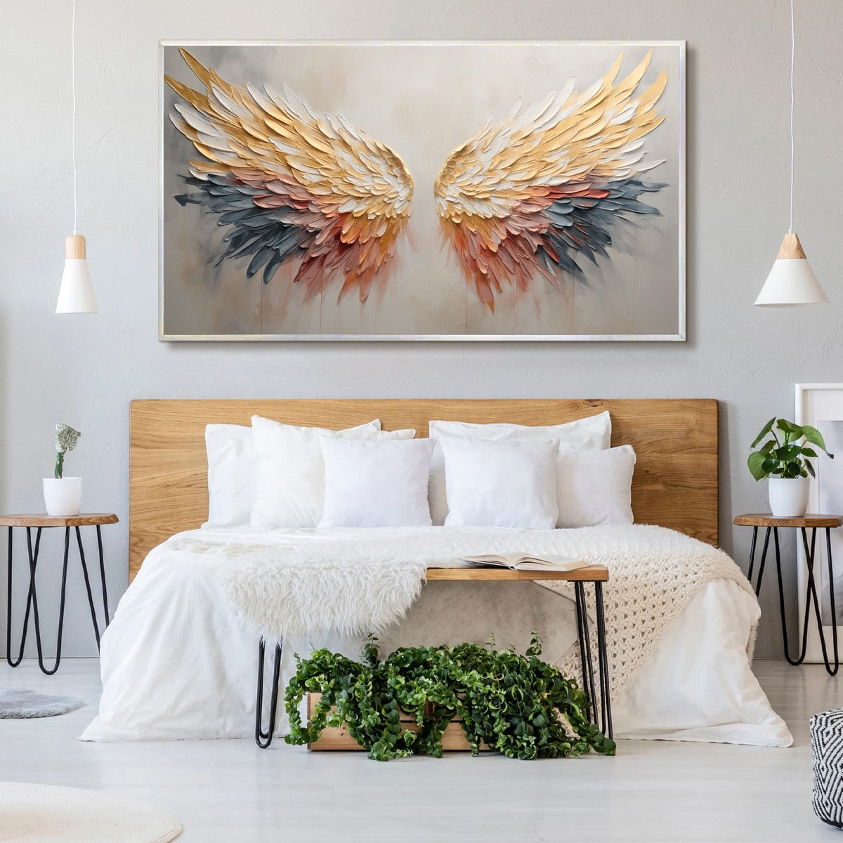 GOLDEN WINGS: Panoramic Angel Wings Painting, Textured Wall Art, Gold, Beige, Living Room, Bedroom